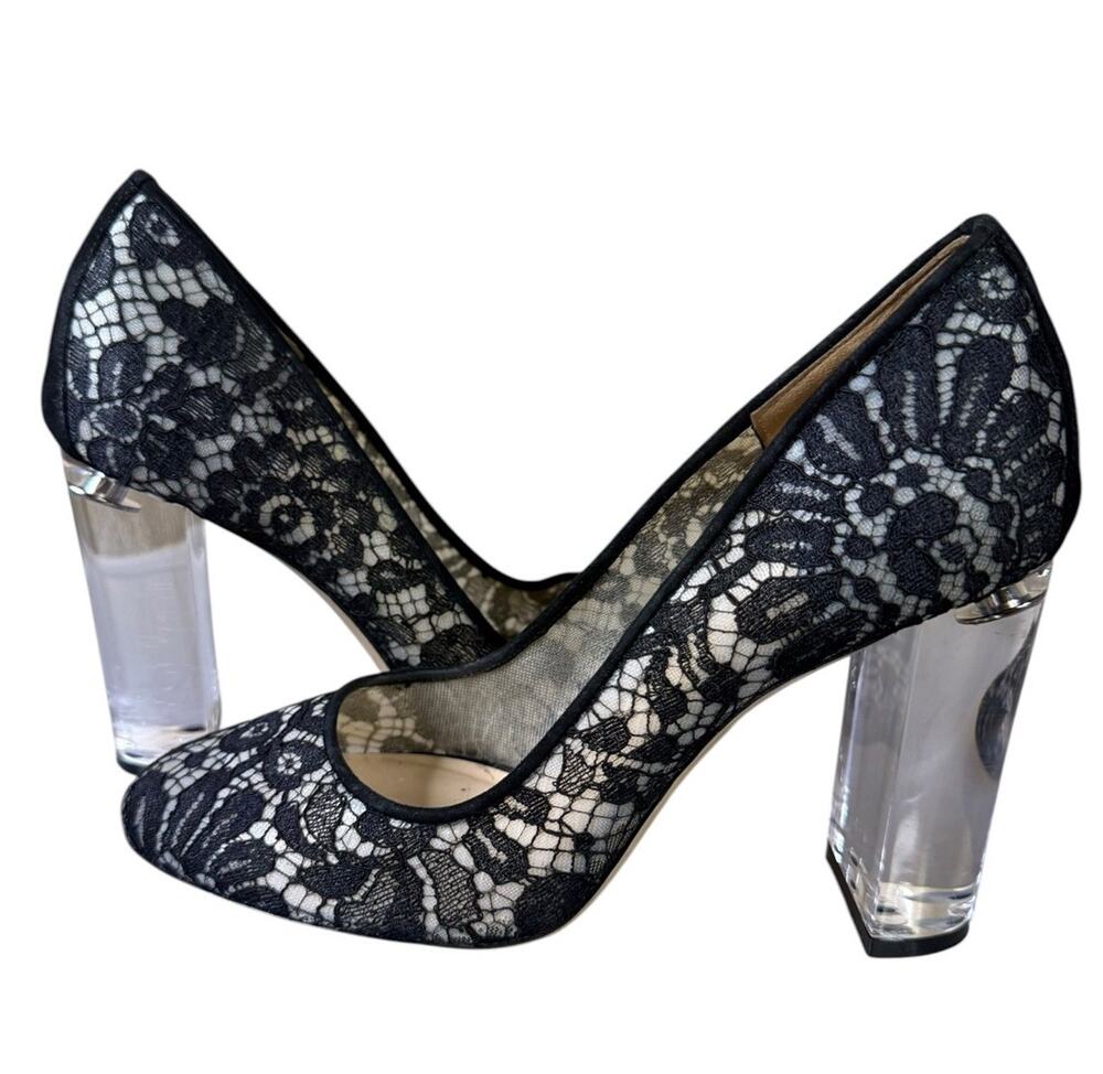 M.Gemi Black Lace Pumps Clear Lucite Block Heel Women’s US 7 EU 37